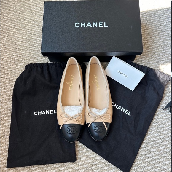 CHANEL Shoes - Chanel nude/black cap toe ballerinas 37.5 C